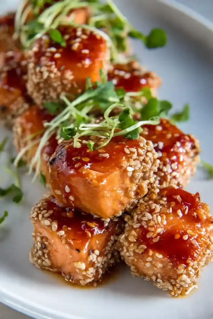 Baked Honey Sriracha Salmon Bites with Sesame Crust