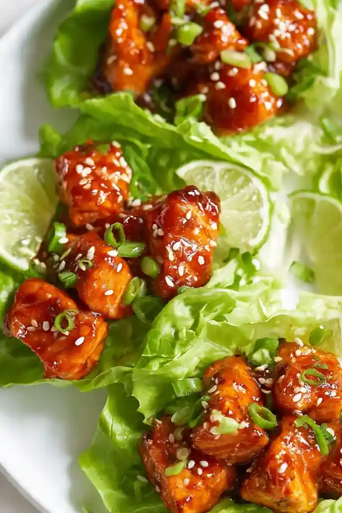Honey Sriracha Salmon Bites Lettuce Wraps