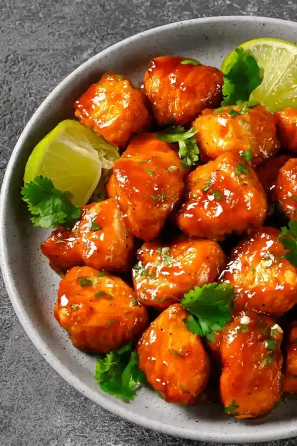 Honey Sriracha Salmon Bites with Lime and Coriander
