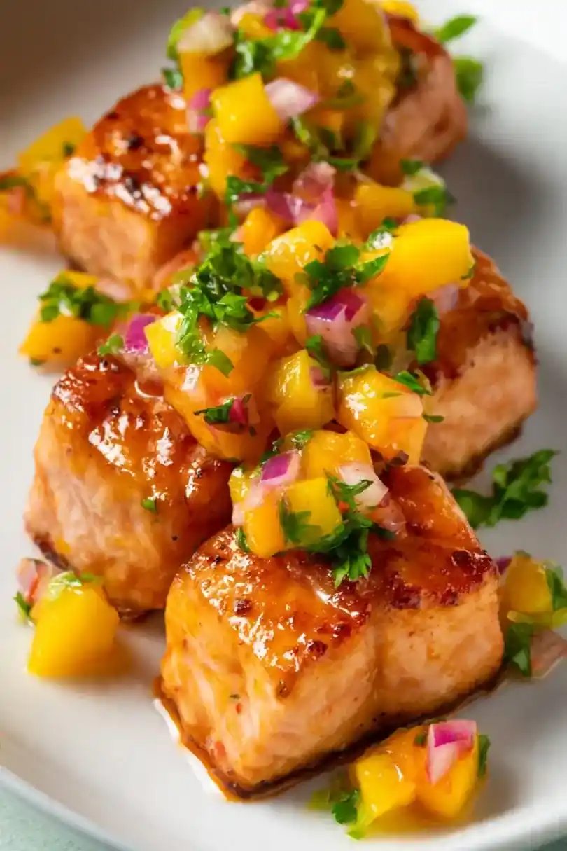 Honey Sriracha Salmon Bites with Mango Salsa