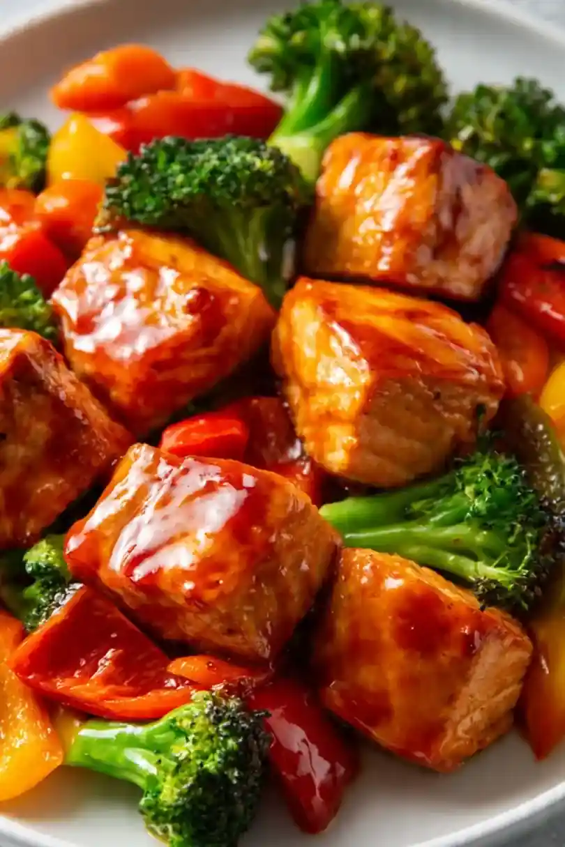 One-Pan Honey Sriracha Salmon Bites and Vegetables